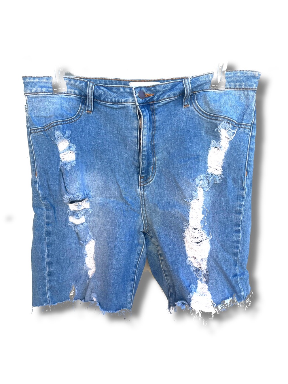 Distressed High-Waist Denim Bermuda Shorts - Light Blue